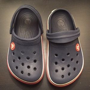 Crocs- navy with red and white stripe